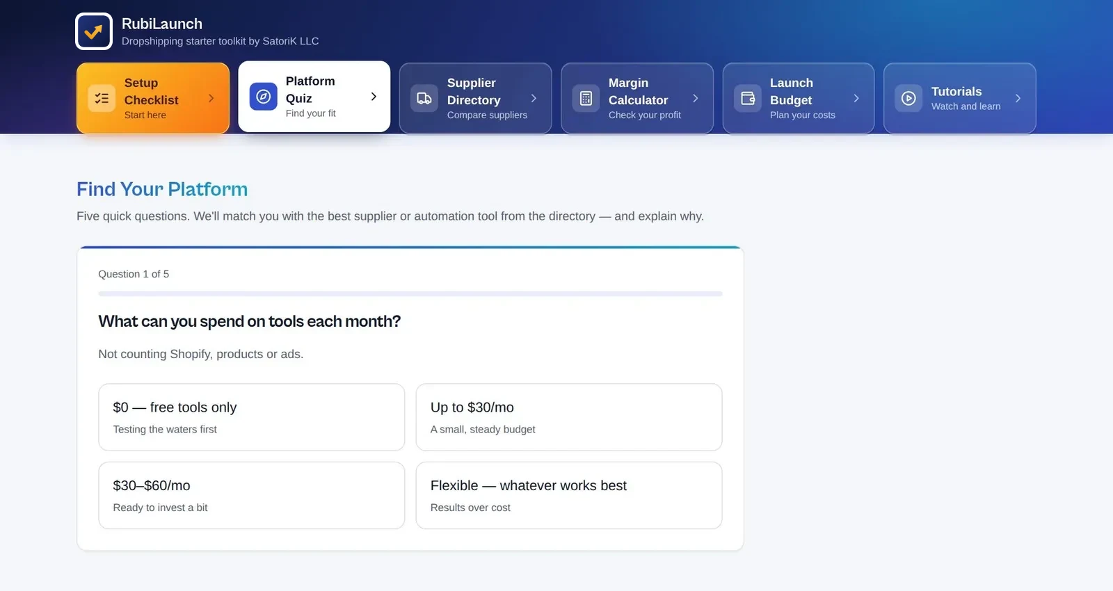 Platform Quiz, question 1 of 5, asking about monthly tool budget